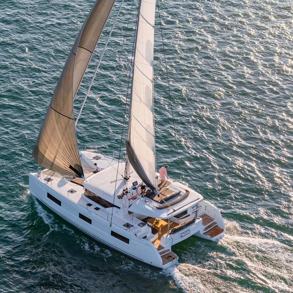 Sailing Lagoon 46 catamran with family on deck