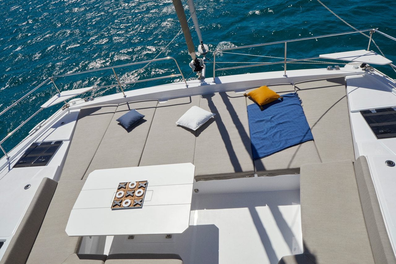 Foredeck on Bali 4.8 catamaran sailboat on ocean