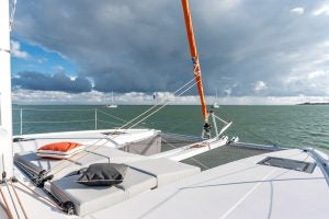 Excess 11 catamaran deck with trampoline