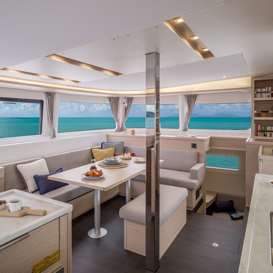 Kitchen interior with windows of Lagoon 46 yacht