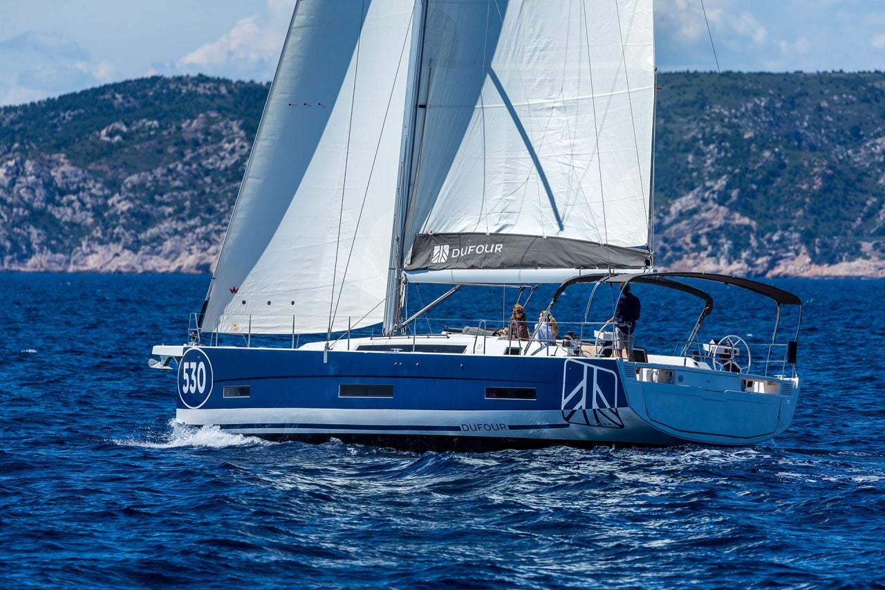 Sailing Dufour 530 monohull with people on deck