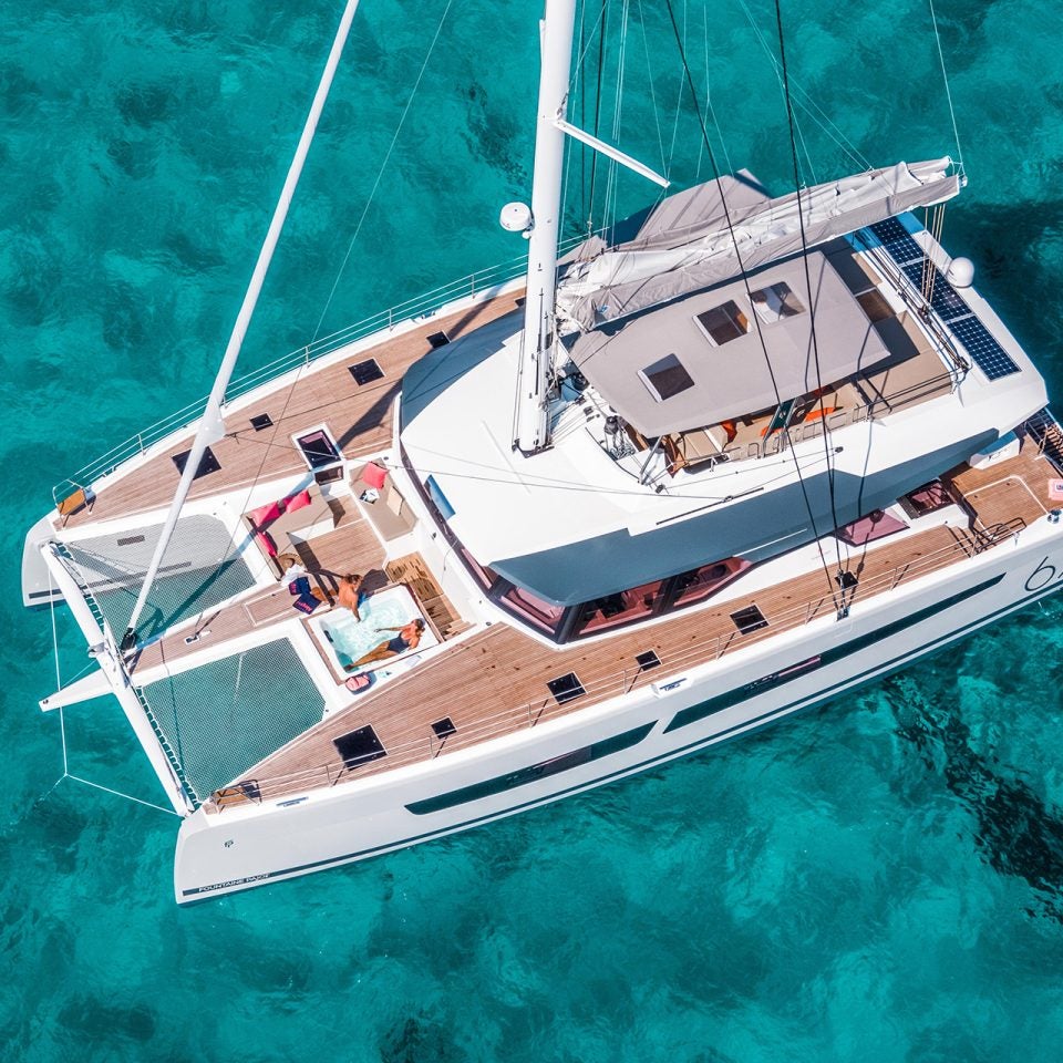 Aerial view of a Fountaine Pajot Alegria 67 sailing catamaran