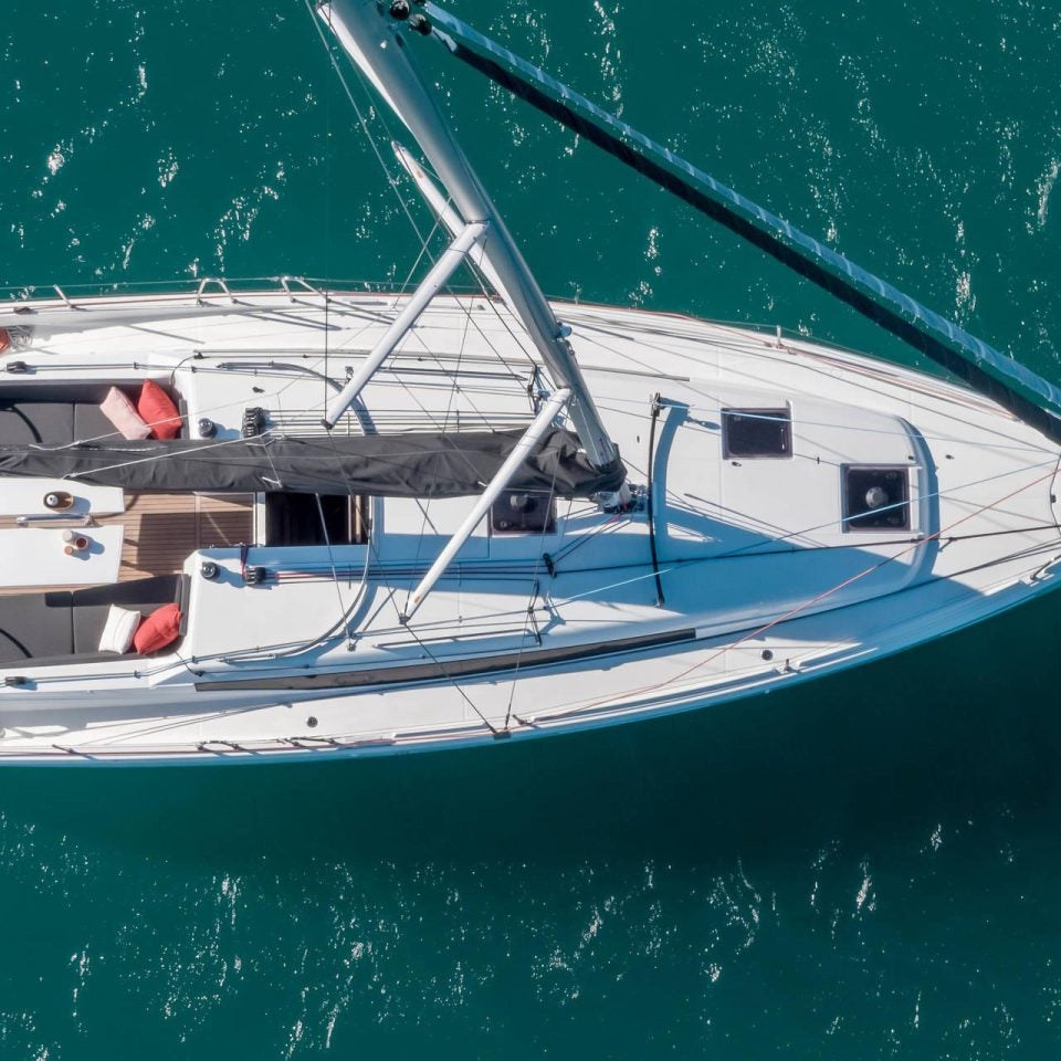 Overhead view of the Jeanneau Sun Odyssey 380 at anchor