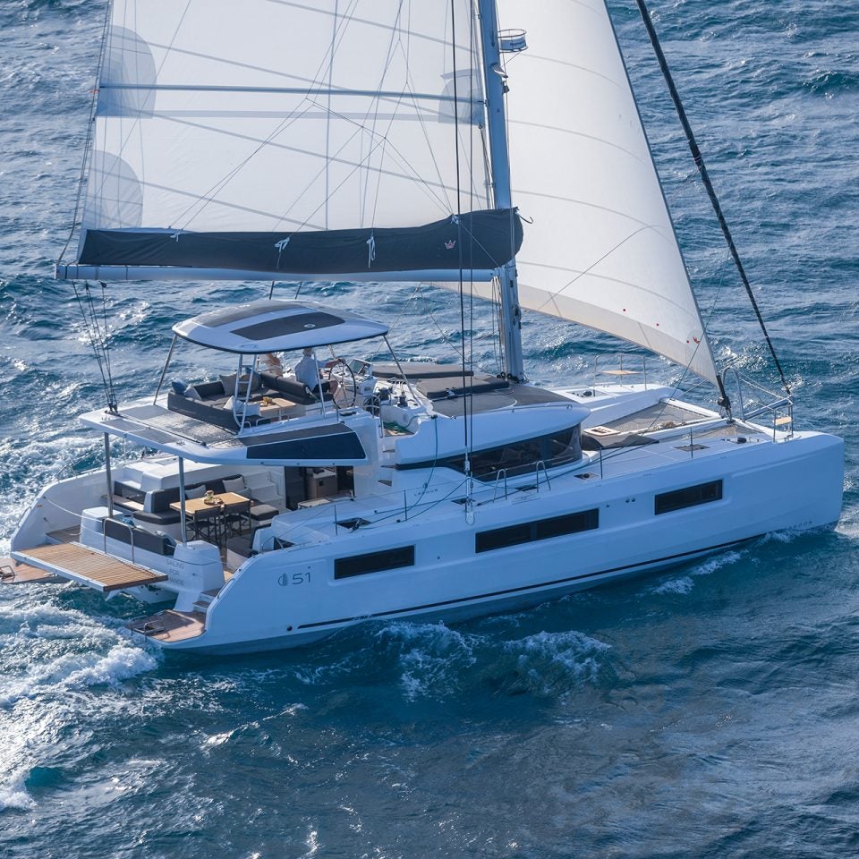 Aerial view of the Lagoon 51 catamaran under sail