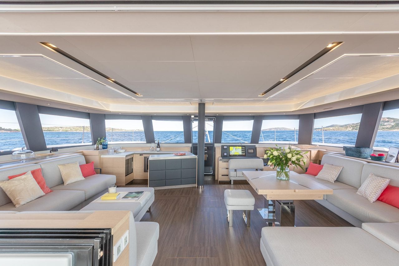 Luxury interior saloon aboard the Alegria 67 catamaran