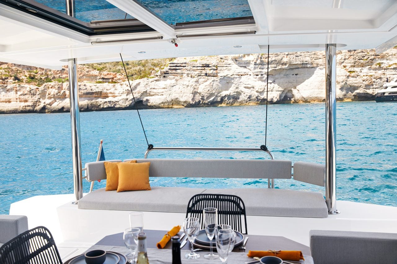 Transom bench seating on the Bali 4.6 sailing catamaran overlooking sea