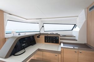 Bali 5.4 interior navigation station table with forward facing windows