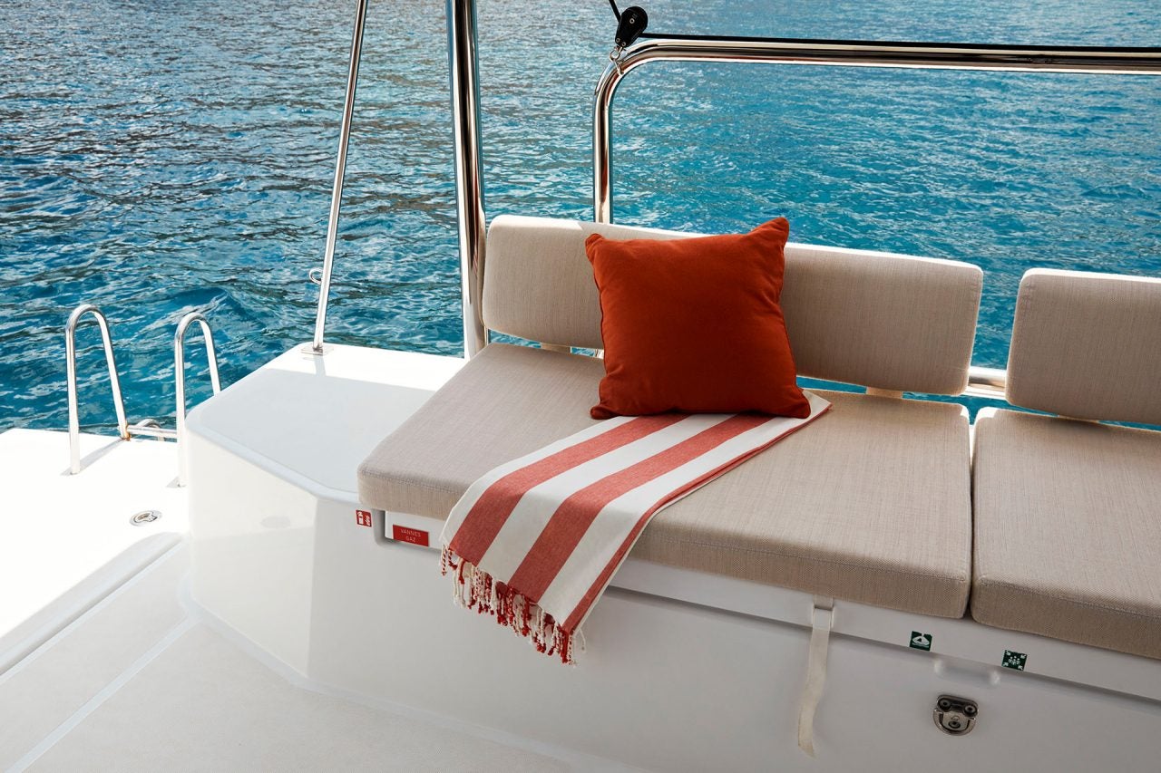 Padded bench seating on transom of the Bali Catspace catamaran