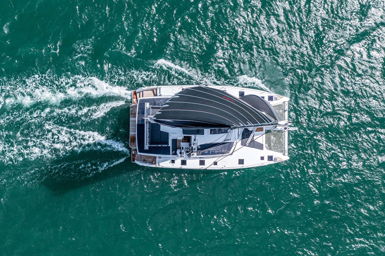 Aerial view of Fountaine Pajot Aura 51 catamaran sailing