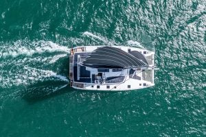 Aerial view of Fountaine Pajot Aura 51 catamaran sailing