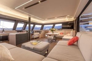 Cockpit with dining table aboard the Fountaine Pajot 67 catamaran