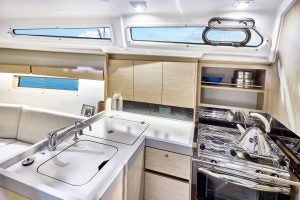 Galley with sink and stove on the Beneteau Oceanis 34.1 sailboat