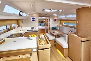 Wide view of large Sun Odyssey 440 monohull living area