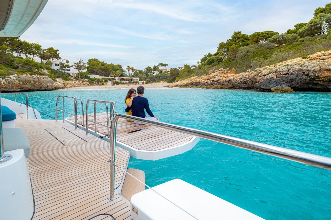 Large front lounge area and trampoline on the Lagoon 55 catamaran