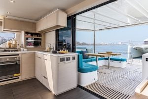 Salon and cockpit view of the Lagoon 55 sailing catamaran