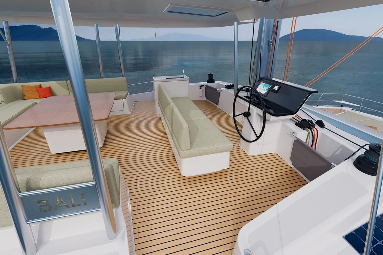 Cushioned lounge and helm on the new Bali 5.8 sailing catamaran