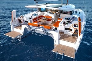 Excess 13 catamaran stern with fold down swim platforms