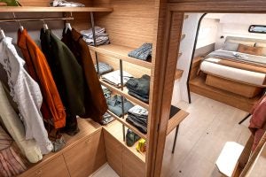 Owner cabin and storage on the Excess 13 catamaran sailboat