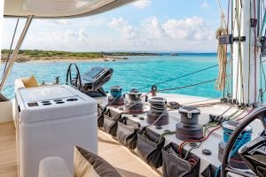 seventy 7 Lagoon catamaran flybridge helm and sail controls